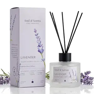 Soul & Scents Glass 120ml Lavender Reed Diffuser Set | Free 6 Fiber Reed Sticks | Stress Relief & Aromatherapy | Long-Lasting, Smoke-Free Air Freshener for Home, Bedroom & Office | Ideal for Gifting
