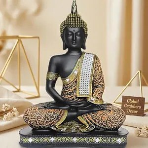 Global Grabbers new Limited Edition 25 Centimetre Meditating Sitting Buddha Idol Statue showpiece Home Decor Decoration Items for Living Room and Gifts (1, Orange Black)