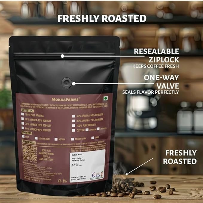 MokkaFarms Roasted Whole Coffee Beans - 100g | 100% Robusta | Medium Dark Roast, Sundried/Cherry, A/AA Grade | Freshly Roast Estate Coffee | Strong Flavor & Aroma | Farm to Fork Quality - Image 2