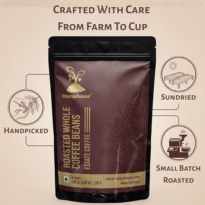 MokkaFarms Roasted Whole Coffee Beans 1Kg | 100% Arabica | Medium Roast, Sundried/Cherry, A/AA Grade | Freshly Roast Estate Coffee | Strong Flavor & Aroma | Farm to Fork Quality | Zip Lock Bag - Image 3