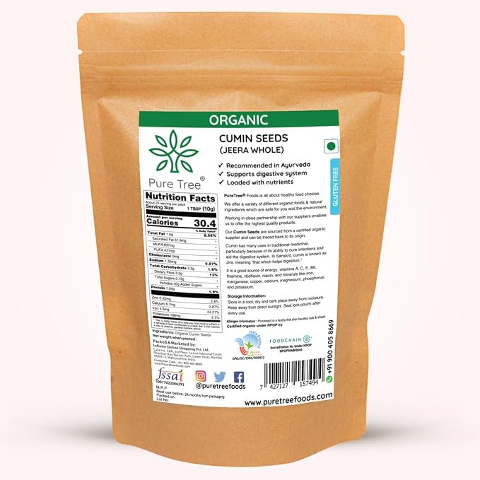 Pure Tree Certified Organic Jeera Seeds | 250 g | Cumin Seeds | Sabut Jeera Whole Spices | Jeelakarra | Zeera | For Curries & Veg - Image 3