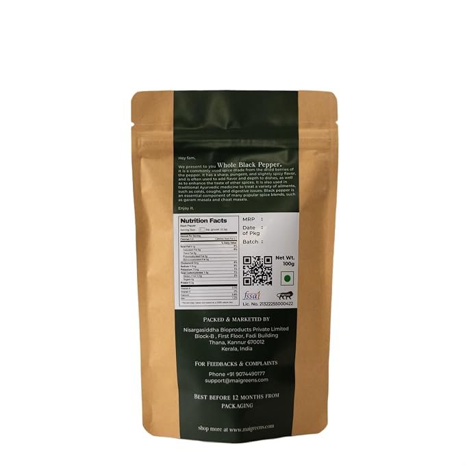 Maigreens Whole Black Pepper - 100g | Tellicherry Special Extra Bold Black Pepper (TGSEB) | Kali Mirch Whole | Best Grade - Image 2