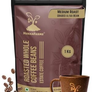MokkaFarms Roasted Whole Coffee Beans 1Kg | 100% Arabica | Medium Roast, Sundried/Cherry, A/AA Grade | Freshly Roast Estate Coffee | Strong Flavor & Aroma | Farm to Fork Quality | Zip Lock Bag