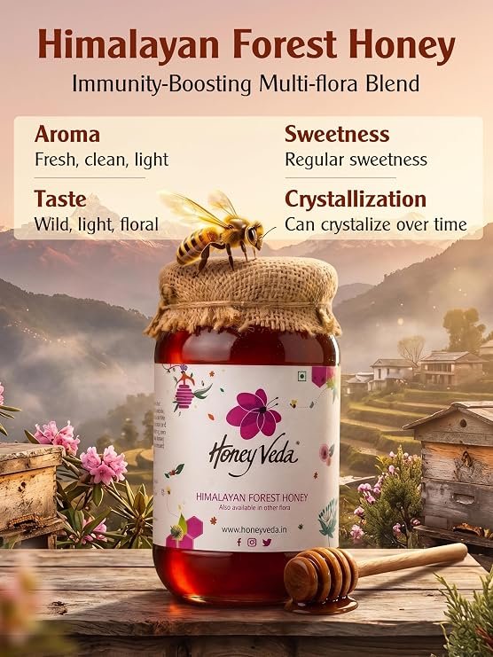 HoneyVeda Himalayan Forest Raw Honey (500g) | Natural Honey | Raw Unprocessed & Unpasteurized Multifloral Indian Nectar for Wellness, Skincare & Healthy Dietary Support (Pack of 1) - Image 2