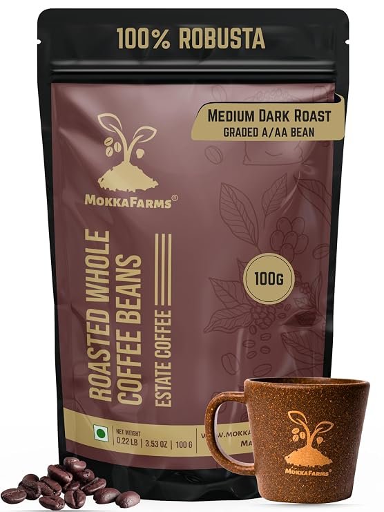 MokkaFarms Roasted Whole Coffee Beans - 100g | 100% Robusta | Medium Dark Roast, Sundried/Cherry, A/AA Grade | Freshly Roast Estate Coffee | Strong Flavor & Aroma | Farm to Fork Quality